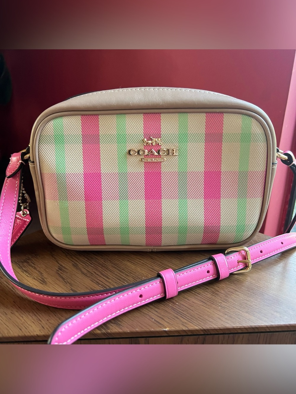 Coach Mini Jamie Camera Bag Pink Plaid Print/Coach Crossbody /Preppy Style/Cute